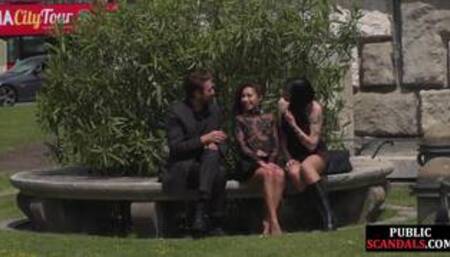 Petite naked teen humiliated in public by domina and lord