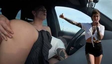 POV: Pantyless TEEN SUCKS COCK for a ride / hitch-hiking without underpants