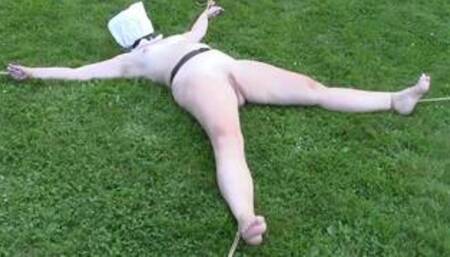My amateur bondage, August 2, 2018: Spread-eagle in the grass