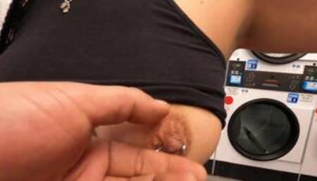 Doing quarintine Laundry see thru top nip slips and flashing her ass