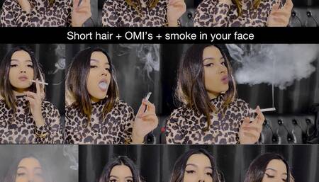 Short hair smoker in a leopard top close up! OMI's, glossy lips, smoke in your face and more!
