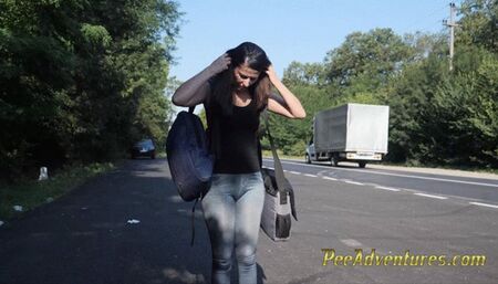 Waiting for her boyfriend with her bladder full - Changing her pee stained clothes outside