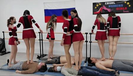 Moscow multitrampling contest #40 (Part 1): men trampled by young cheerleaders & fierce jumping & throatstanding