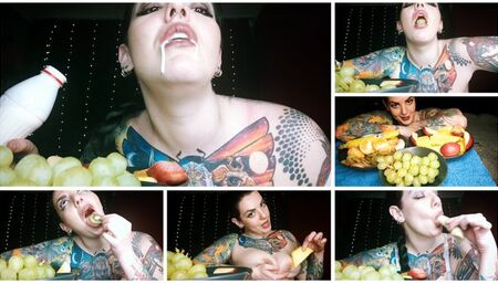 Hot horny tattooed bitch sexy eating fruit and pouring sweet yogurt on her boobs