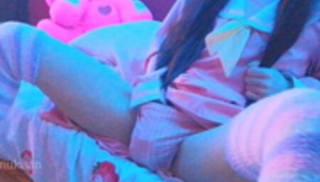 Kawaii Asian girl touching her pussy and humping pillow when parents are home loud moaning