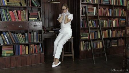 Geeky Teacher Miss Cooper Strips & Plays With Satin Gloves