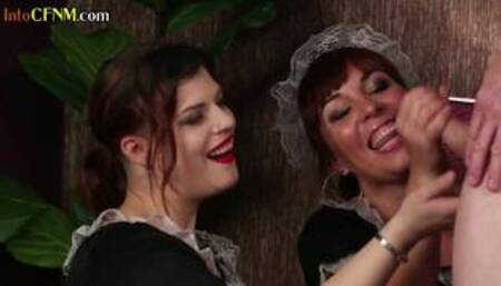 CFNM HJ maids enjoy wanking guests dick in the hotel room