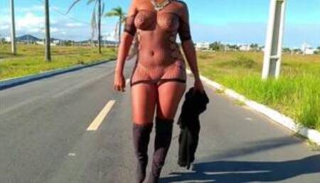 FISHNET DRESS ALMOST NAKED WALKING AROUND