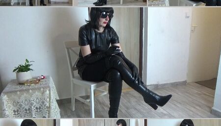 Mistress smokes in leather gloves and new overknee boots