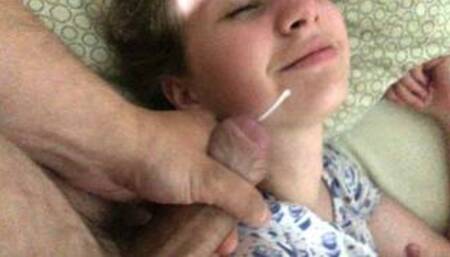 Stepsister touches dick thinking it is in a dream, CUMSHOT on face