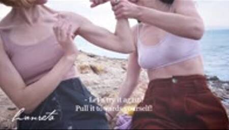 Seaside Muscle Show With 2 Girls