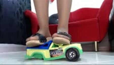 crushing the city cruiser toycar in wooden Berkemann sandals and sexy nylons