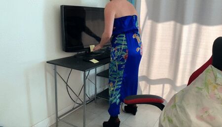 Stepmom gets stuck in a desk and stepson fucks her