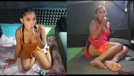 Braided hair, smoking barefoot Ruby