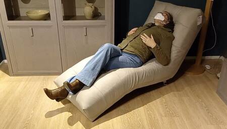 Risky public crossed legs orgasm in a furniture store