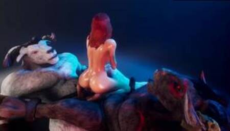 Busty RedHead x Two Montser Cocks 3D