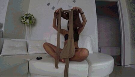 6 pantyhose put on and masturbates b