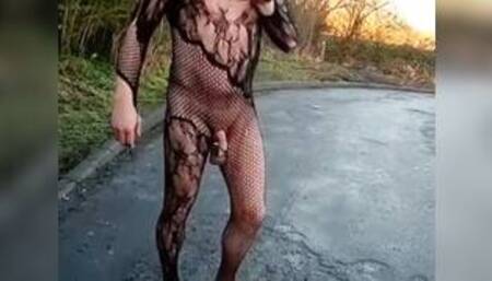 Sexy fishnet bodysuit in public