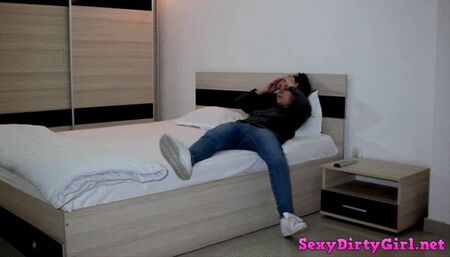 Sexy girl in Levi's pants sucks cock and fucks mature man