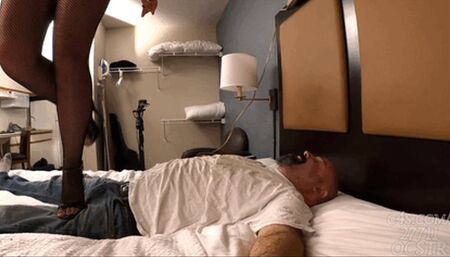 Tilly McReese Fishnet Bodystocking and Heels Bed Trampling - Up Close 4K