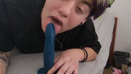 Puppyboy deepthroats dildo and gags