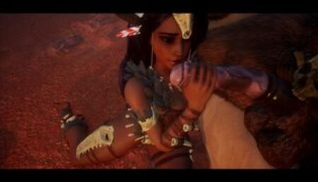 Juicy dark skinned babe in a charming robe satisfies a huge monster cock of the minotaur - Wild Life