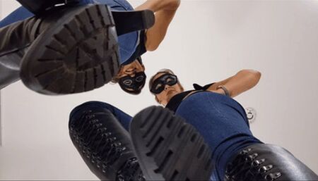 Face trampling with 2 sadistic mistresses
