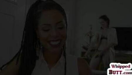 Black lezdom spanking blindfolded subject in kinky couple