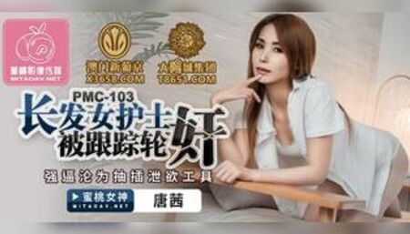 Sexy nurse with long hair is stalked and fucked by two guys