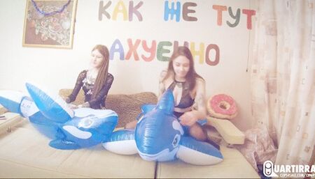 Q817 Ava and Leya deflate two blue Intex Whales - 480p