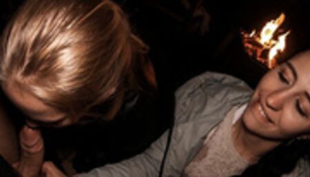 FFM Threesome Sucking on the Backyard - Outdoor Double Blowjob - Oral Creampie