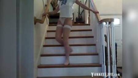 Friend's Hot girl strips in thigh highs