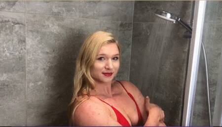 look at this hot blonde muscular girl taking a shower!