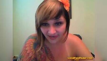 Tattooed Babe With Huge Tits Deep Throats Her Dildo