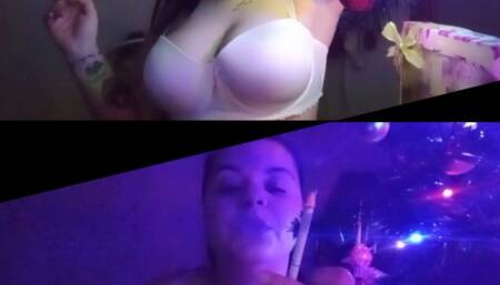 Smoking next to her dabea made tree