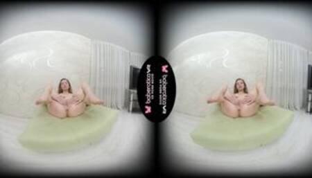 Solo brunette Vika Lita finger fucks wet shaved pussy in VR.