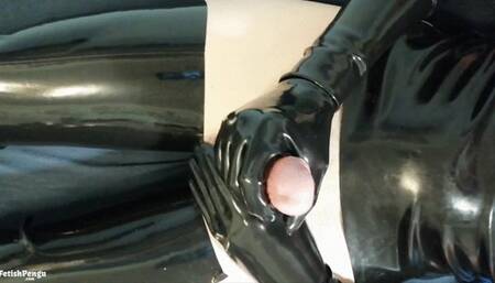 Latex glove masturbation with big cock cumshot in shiny rubber clothes