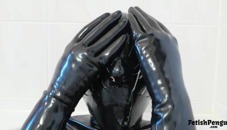 Saliva mess in latex mask and gloves