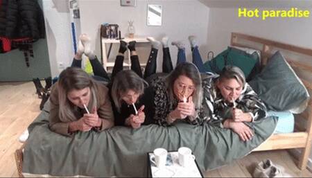 4 babes smoke a cig on my bed (Yummy  Noun's, Chloé, Solaine & Miley) HD