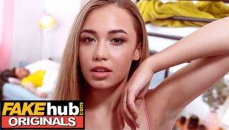 Super cute 18 year old teen pranks college room mate and gets a deep big cock creampie