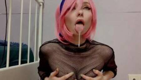 SAKURA HARUNO MAKES A SLOBBERY AHEGAO AND SHOWS TITS