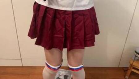 Cute Crossdresser White High Knee Socks Masturbates With Massage Gun And Cum