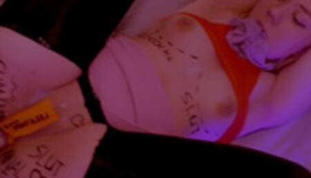 Tied up girlfriend having fun after party. She is a free use anal slut