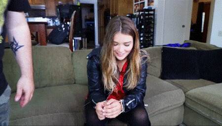 Jade Kinsley tied, ballgagged and cuffed with Irish cuffs just for fun! Escape challenge in satin and leather!