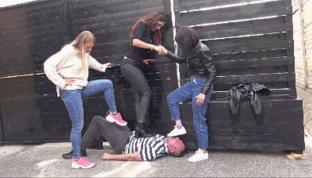 GABRIELLA, CLEO & SCARLET - 'One day at 'Le Prisonnier club' - OUTDOOR brutal trampling, sneaker and boot worship
