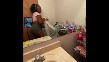 Ebony BBW cleaning nipples hanging out my shirt