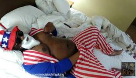 Black Chubby Uncle Sam Fucks Toy Pussy & Jerks Uncut Cock off in Bed, Cums on Hairy Belly