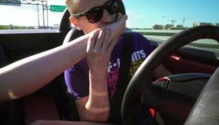 Feet licking and toe sucking in a convertible sports car driving at 80 mph