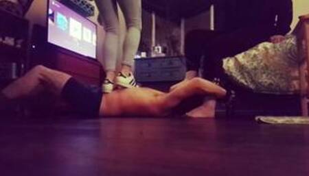 Trampling Femdom Mistresses Humiliate and Dominate Foot Sub with Adidas Superstars & Bare Feet