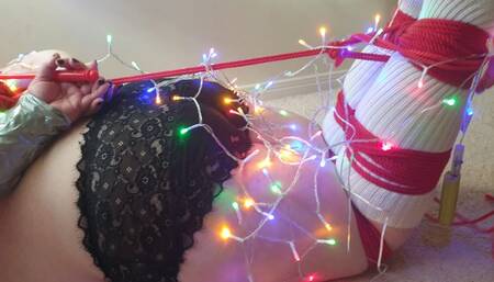 BBW hogtied and wrapped in Christmas lights has socked feet tickled - breast bound  BBW bondage socks hogtied duct tape hogtie duct taped,woman tied up, BBW domination,woman hogtied,tickling, feet tickling,tickled feet, bound tits, bound breasts, big tits